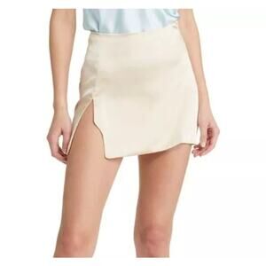 Mother Of All Revolve Mini Skirt Womens XL Beige Berri Luxe Silk Slit Edgy Mod